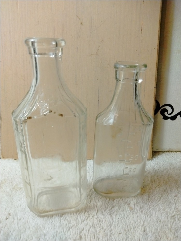 Pair Of Vintage Rectangular Bottle, Clear Glass, Medicine or Pharmacy