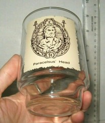 Rare vtg Paracelsus‘ Head 4″ Glass Tumbler early American Pharmacy sign art