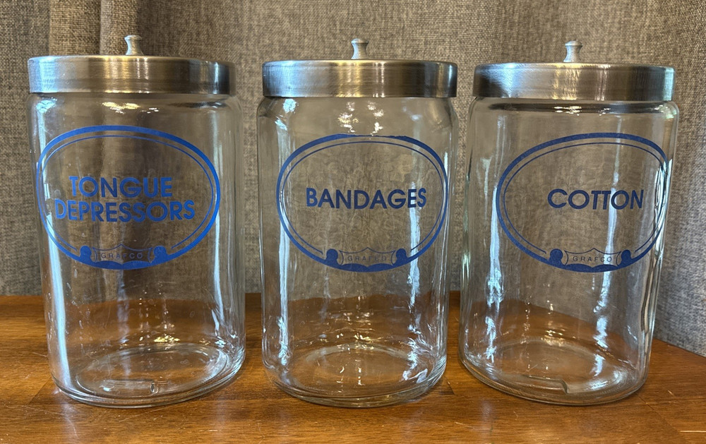3 GRAFCO Glass Sundry Jars Medical Apothecary Doctor Bandage Cotton Tongue BLUE