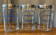 3 GRAFCO Glass Sundry Jars Medical Apothecary Doctor Bandage Cotton Tongue BLUE