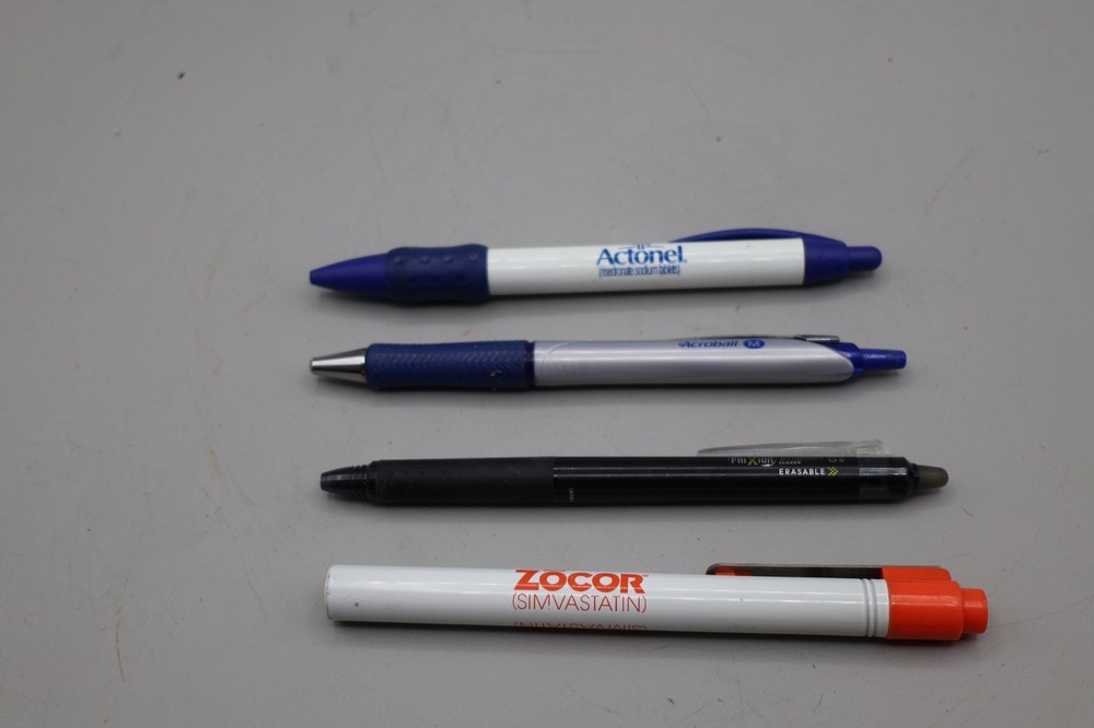 Lot of 4 Advertising Pens Pilot FriXion Acroball Actonel Zocor Drug Rep Promo Pe