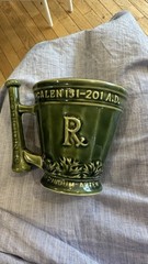 Vintage Coricidin Green Pottery Mug RX Galen Schering Pharmacy Cup Mortar Pestle