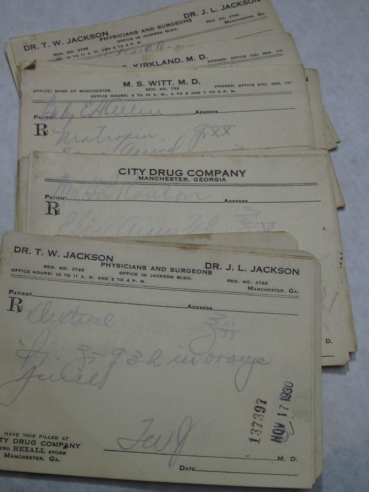 Vintage Drug Store Prescriptions 1930 Manchester, GA Total of 50