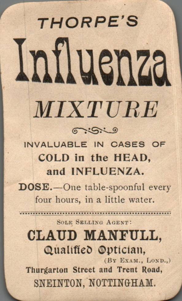 ANTIQUE THORPES INFLUENZA MIXTURE SNEINTON NOTTINGHAM CLAUD MANFULL BOTTLE LABEL