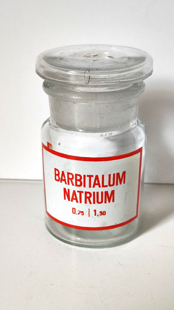 BARBITALUM NATRIUM, Vintage Glass Apothecary Pharmacy Clear Jar, 50 ml, Cap