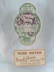 Vintage Burt E. Moritz Druggist -Oriental Balm, Rose Water Bottle Labels & Frame