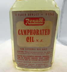 1940’s Rexall Caphorated Oil Los Angeles C 4 3/4 inch tall Clear Medicine Bottle