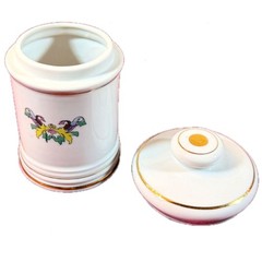 VTG DOM Japan Porcelain Apothecary Jar Pulvis Latin Crest Gold Trim Lidded 5″