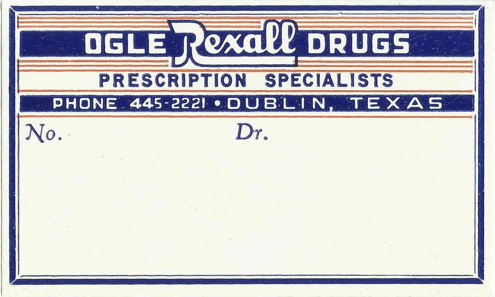 1 Vintage Pharmacy blank Label Ogle Rexall Drugs Dublin Texas red white blue