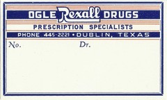 1 Vintage Pharmacy blank Label Ogle Rexall Drugs Dublin Texas red white blue