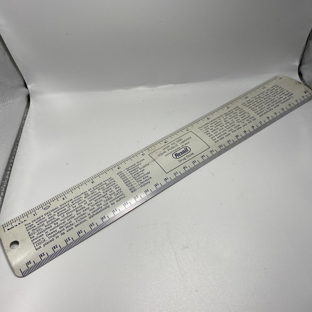 REXALL Vintage Metal 12″ Ruler- Dewey Decimal System – Pharmacy Advertising BB13