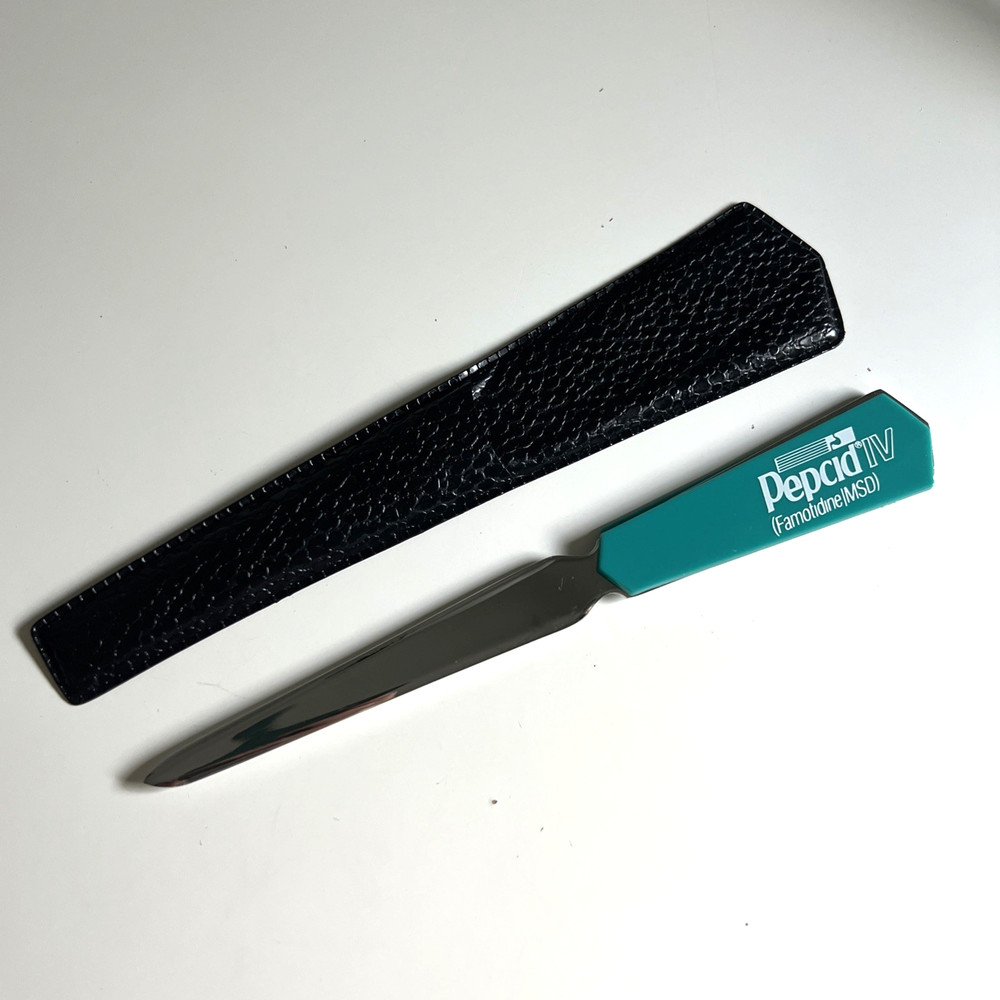 Vintage Pepcid IV Famotidine MSD Letter Opener Drug Pharma Advertising Teal Case