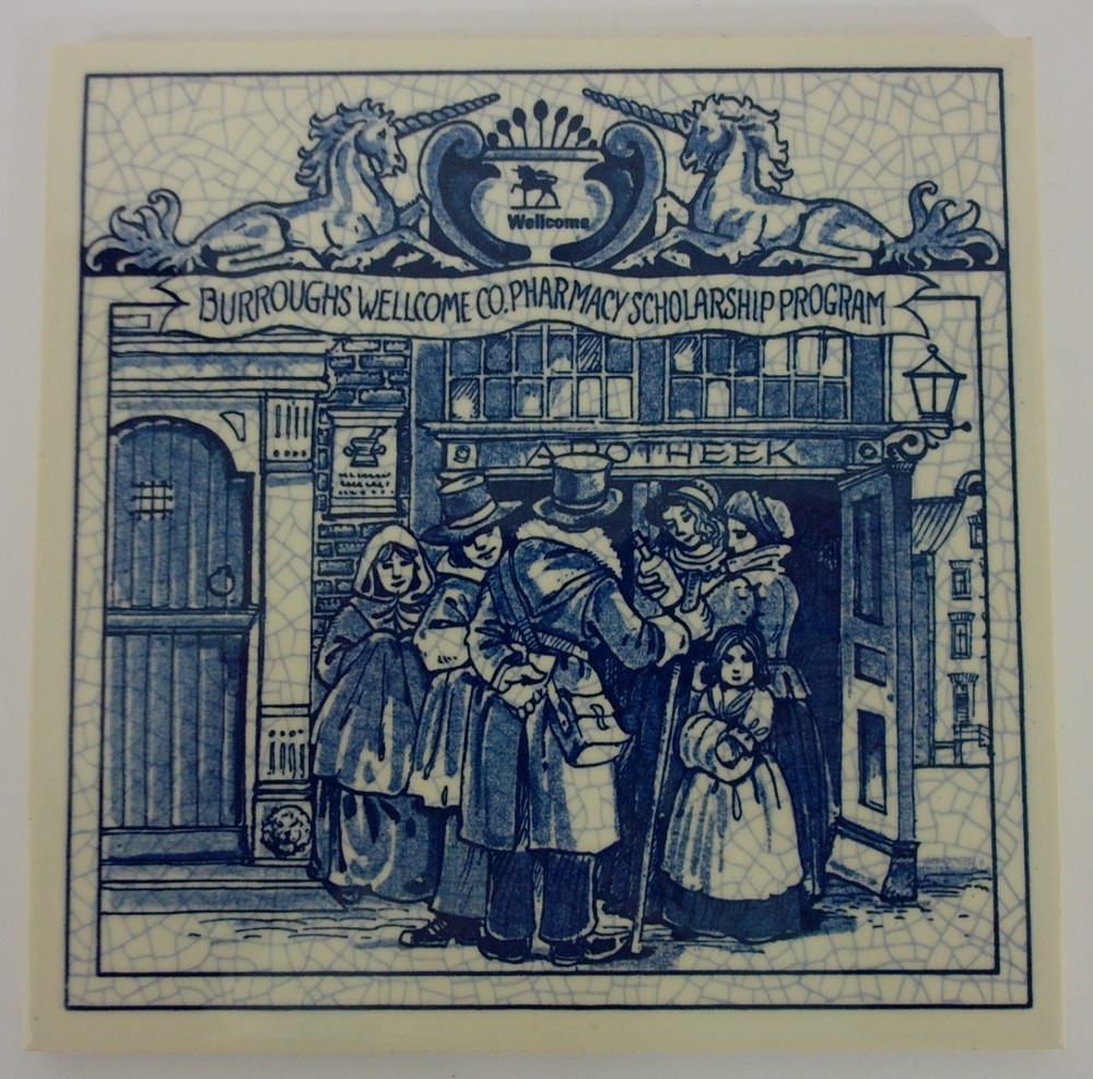 Burroughs Wellcome Blue & White Ceramic Pharmacy Pill Tile Social Place 1992 #23