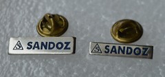 SANDOZ Pharmaceutical 2x small vintage pin badges LSD Albert Hofmann