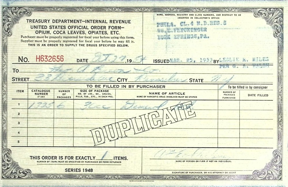 1948 Treasury Department Opium Coca Leaves Opiates Official Order Form