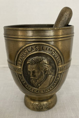 BRASS PHARMACY MORTAR AND PESTLE METAL 4.5″ STANISLAS LIMOUSIN SCHERING 1984