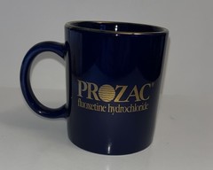 Vintage Prozac Ceramic Mug Advertising Blue Gold Rim Coffee Pharmaceutical Promo