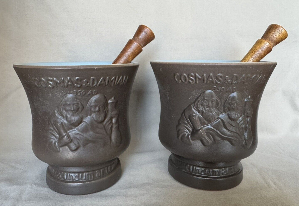 Pair- Schering 1966 Coricidin Cosmas & Damian Ceramic Mortar & Pestles 5″ tall