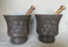 Pair- Schering 1966 Coricidin Cosmas & Damian Ceramic Mortar & Pestles 5″ tall