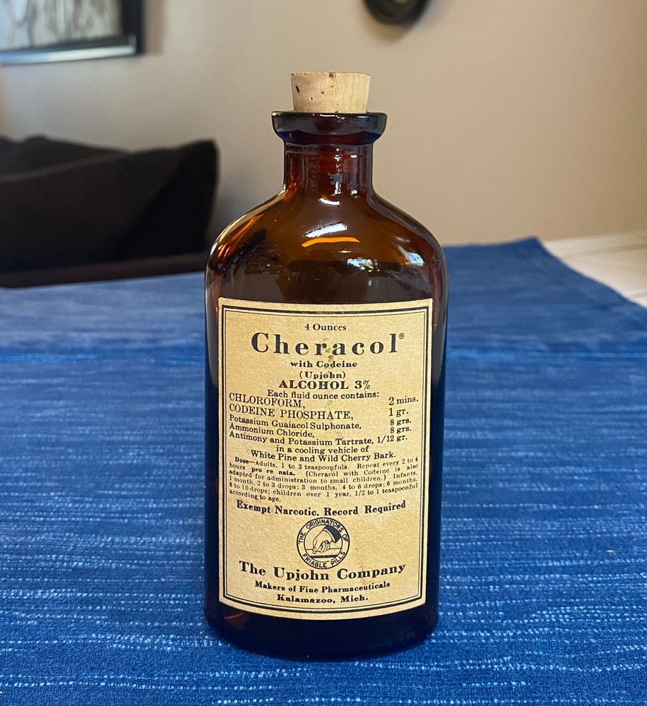Vtg Upjohn Cheracol Codeine Amber Brown Bottle Apothecary Pharmacy Advertising