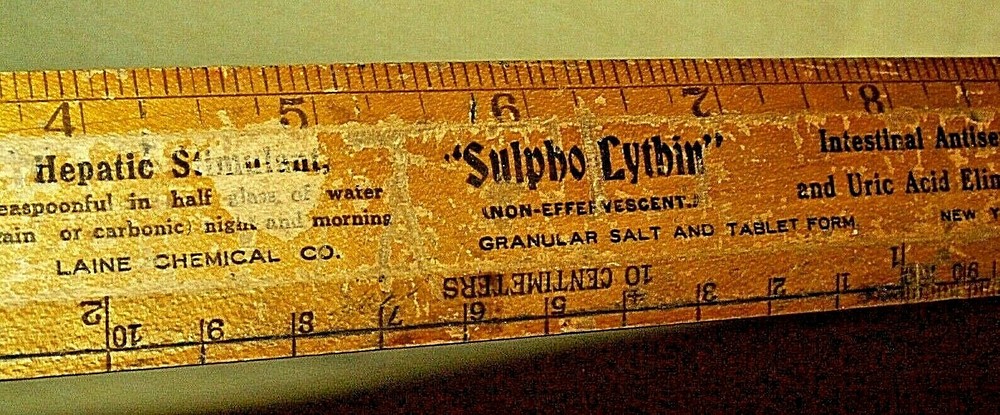SULPHO LYTHIN RULER VINTAGE WOOD RULE LAINE CHEMICAL NY 12 INCH CM OBSTETRICAL.