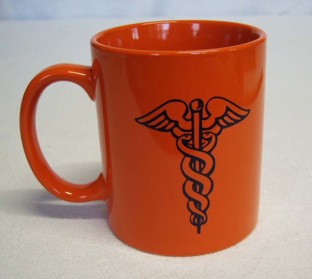 Vtg Medical Caduceus Symbol Orange Coffee 12 oz Mug 4″tall 3″ diameter EC