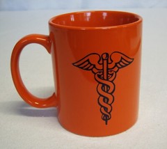 Vtg Medical Caduceus Symbol Orange Coffee 12 oz Mug 4″tall 3″ diameter EC