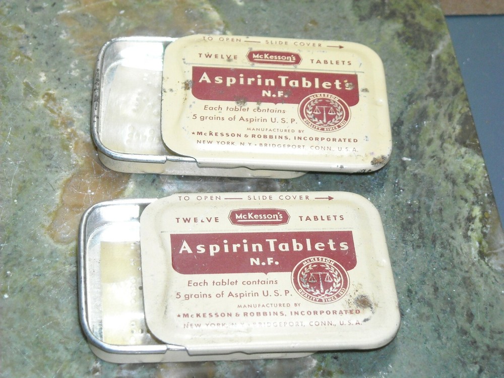 2 Vintage McKessons aspirin tablets tins slide top 1 7/8 X 1 7/16