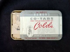 Old Medicine Tin Ramon’s Co-Tabs Cold Brown Mfg Co Le Roy NY Little Doctor NOS