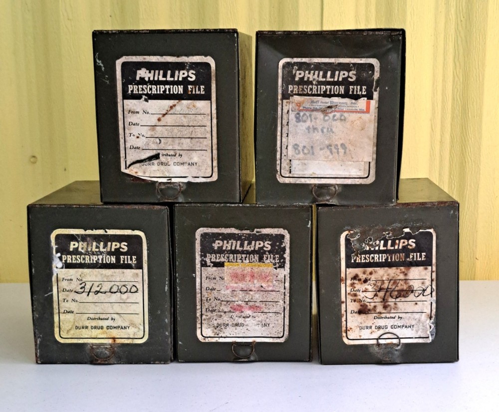 Five Antique Phillips Metal Prescription File Boxes