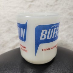 VTG Bufferin Pharmaceutical Advertising Mug Milk Glass White Retro Analgesic Cup