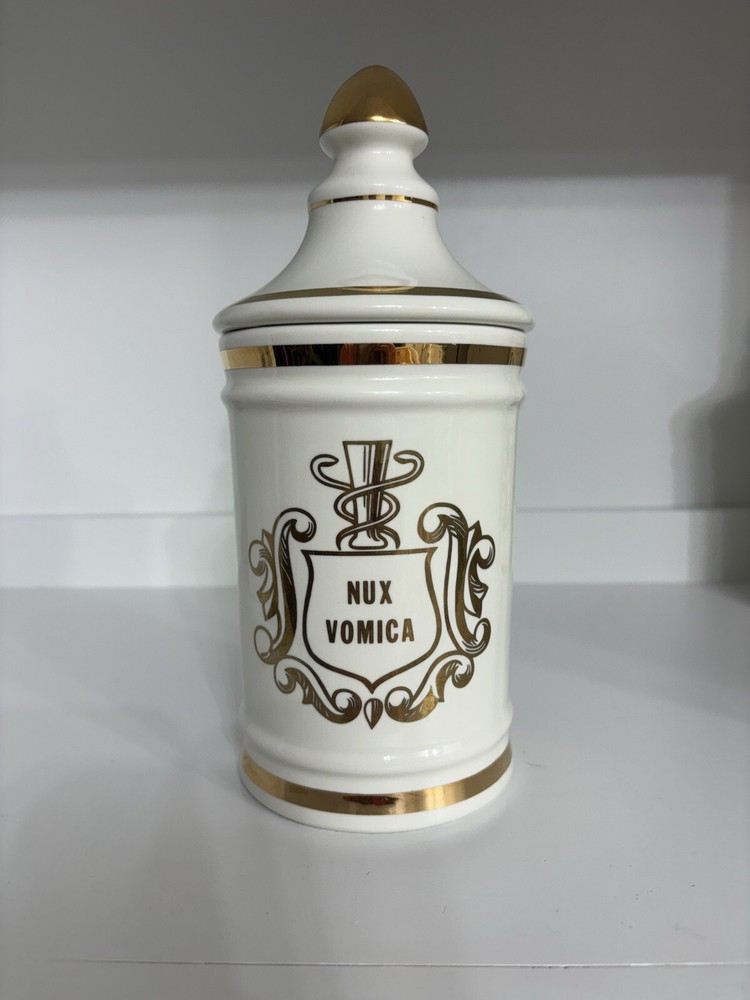 VINTAGE PHARMACY NUX VOMICA APOTHECARY CANISTER JAR WITH LID- OWENS ILLINOIS