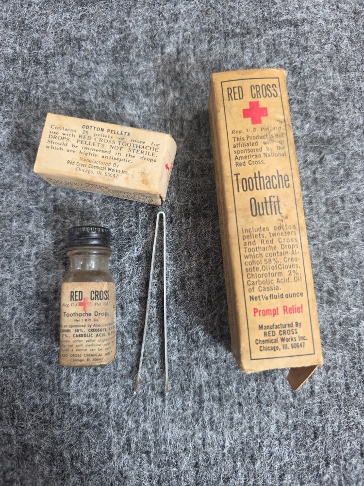 Vintage 1940s Red Cross Toothache Kit Tweezers Cotton Pellets Bottle USA