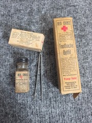 Vintage 1940s Red Cross Toothache Kit Tweezers Cotton Pellets Bottle USA