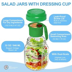 [UPGRADE] 4 Pack Green Salad Jars with Lids and Airtight Silicone Dressing Cu…