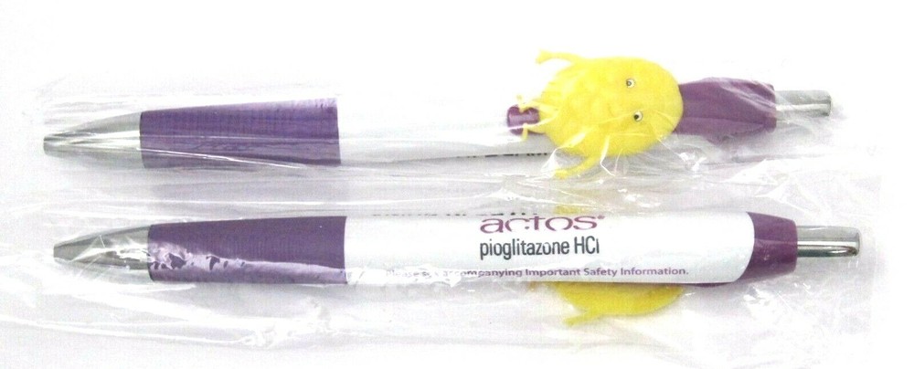 Drug Rep ACTOS Collectible Pens x 2 with „HDL“ Character on Clip RARE