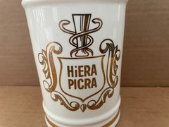 Vintage HIERA PICRA Apothecary Canister Jar w/ Lid OWENS ILLINOIS gold decorated