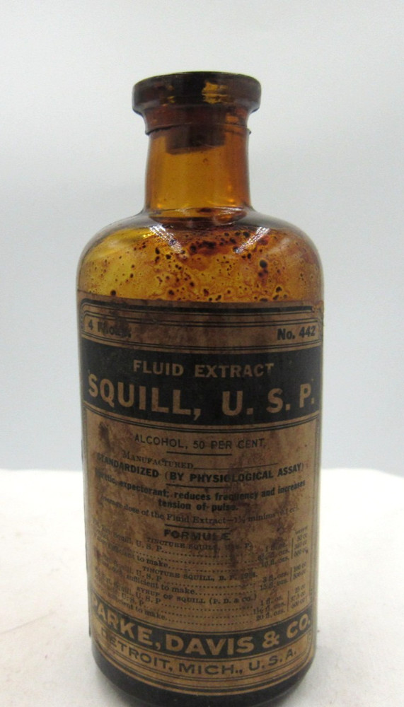 1920’s Parke, Davis & CO SQUILL Detroit Mich 4 3/4 “ Amber Medicine bottle