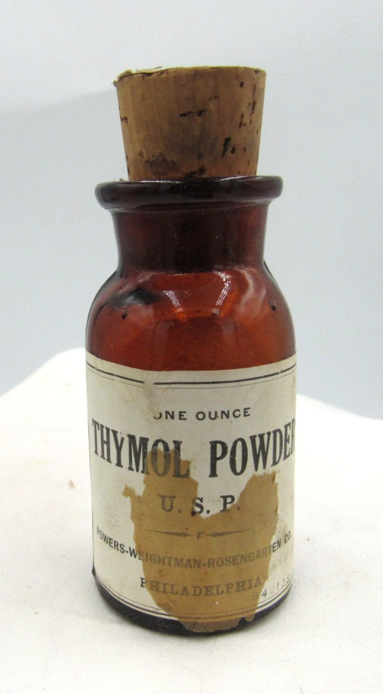 BW – 1890’s Powers Weightman Thymol Powder Philada PA 3 “ Amber Medicine bottle