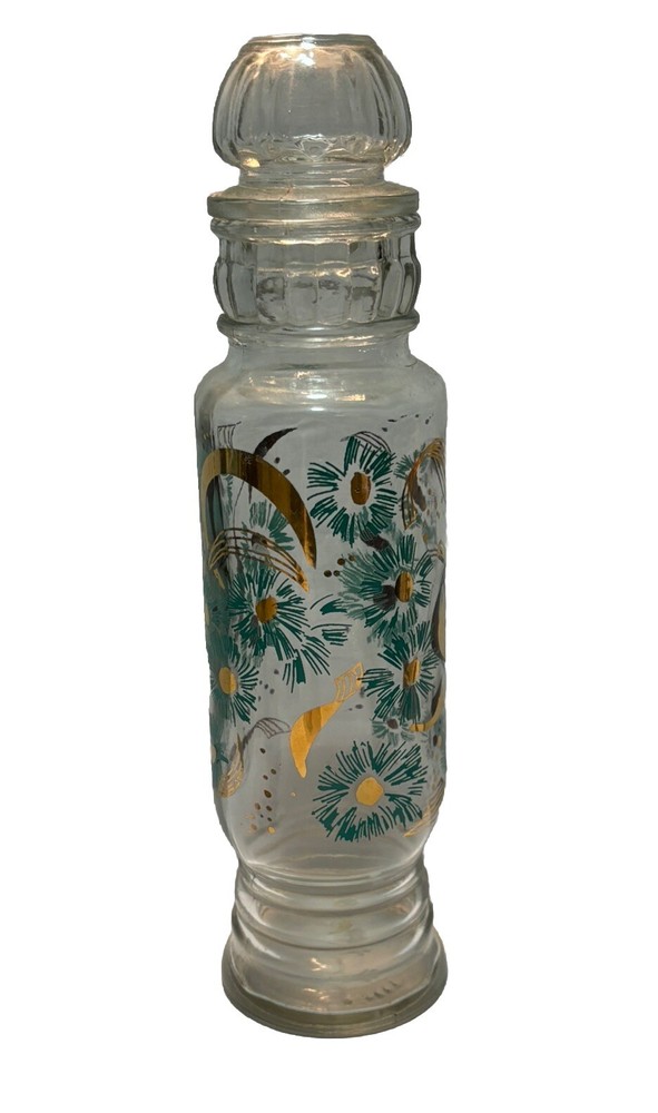 ViNTaGe MiD CeNTuRy GLaSs 11″ Apothecary Jar ReTRo AQuA BLuE & GoLD FLYING BIRDS
