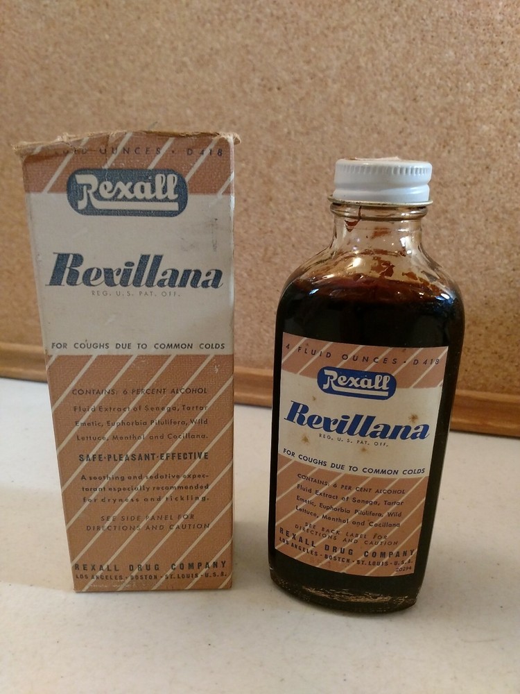 Antique Vintage Rexall Cough Syrup Rexillana Glass Bottle Original box old stock