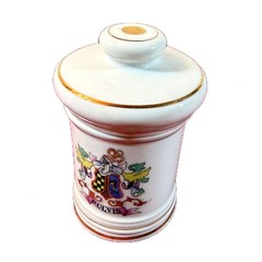 VTG DOM Japan Porcelain Apothecary Jar Pulvis Latin Crest Gold Trim Lidded 5″