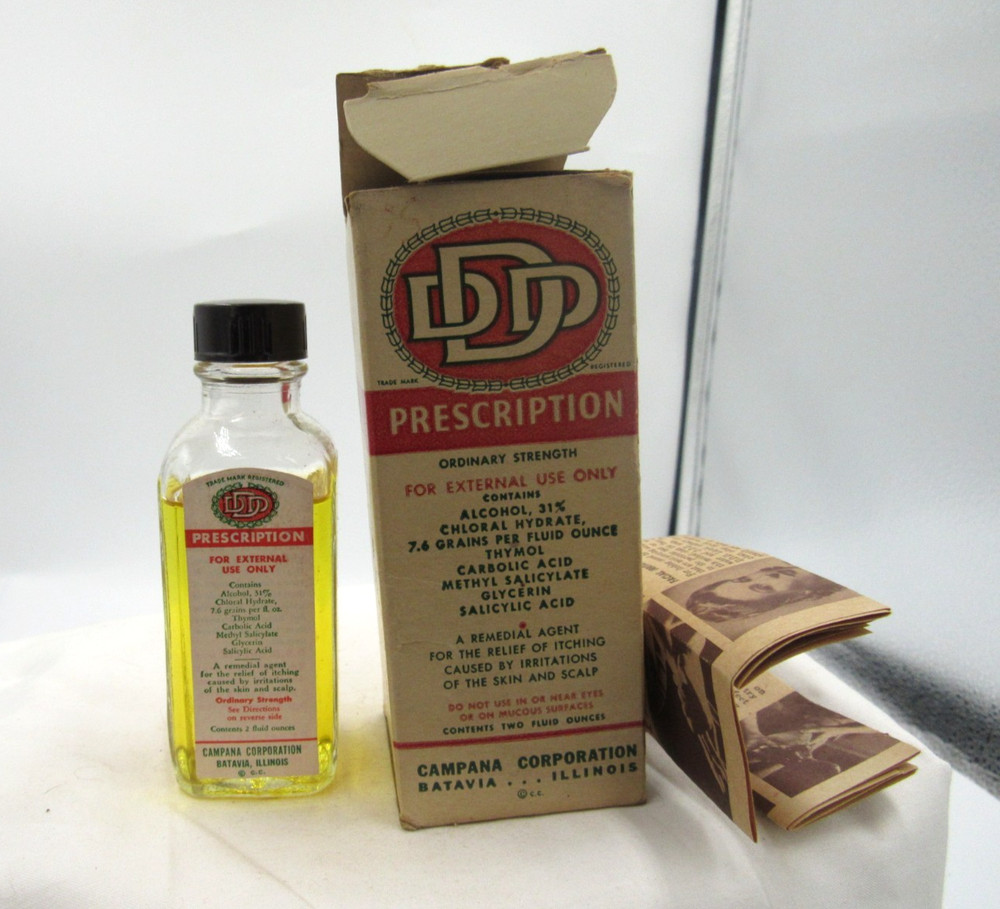 MM – 1930’s Campana Corp Batavia Ill DDD Skin 3 7/8″ Clear Medicine bottle