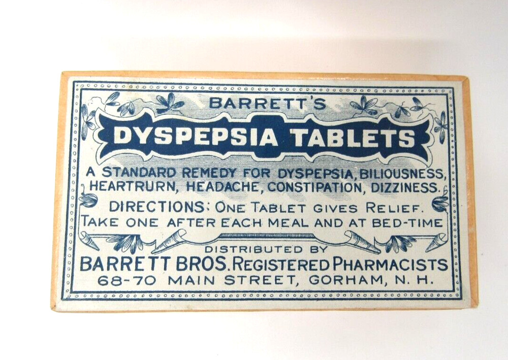 Vintage Cardboard Prescription Pill Box Barrett Bros. Pharmacy Gorham NH 3”