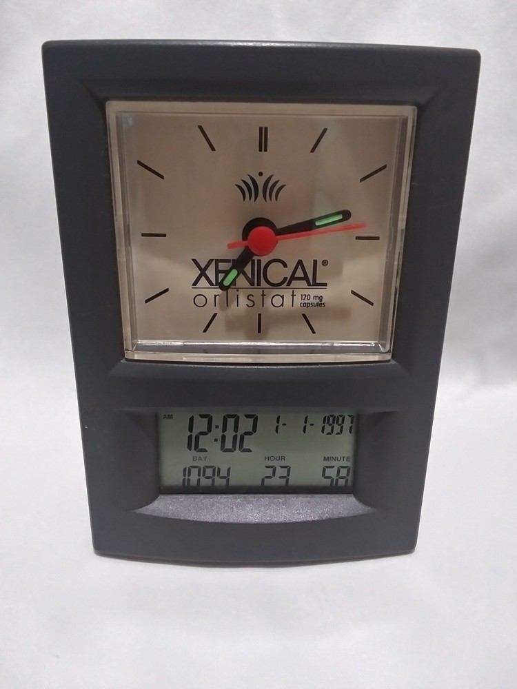 Vintage 1990s Xenical Drug Rep Desk Clock Digital Date T Analog Hands Glow WORKS
