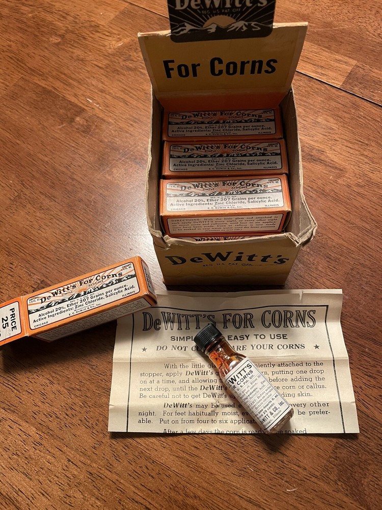 Vintage DeWitt’s For Corns 8 Medicine Bottles circa 20’s-30’s W/ Display Box