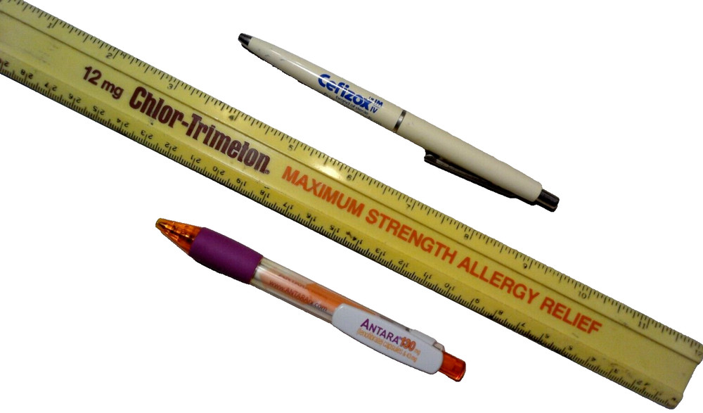 Lot of 3 – Vintage Drug Rep Promotional Ink Pens & CHLOR-TRIMETON Ruler