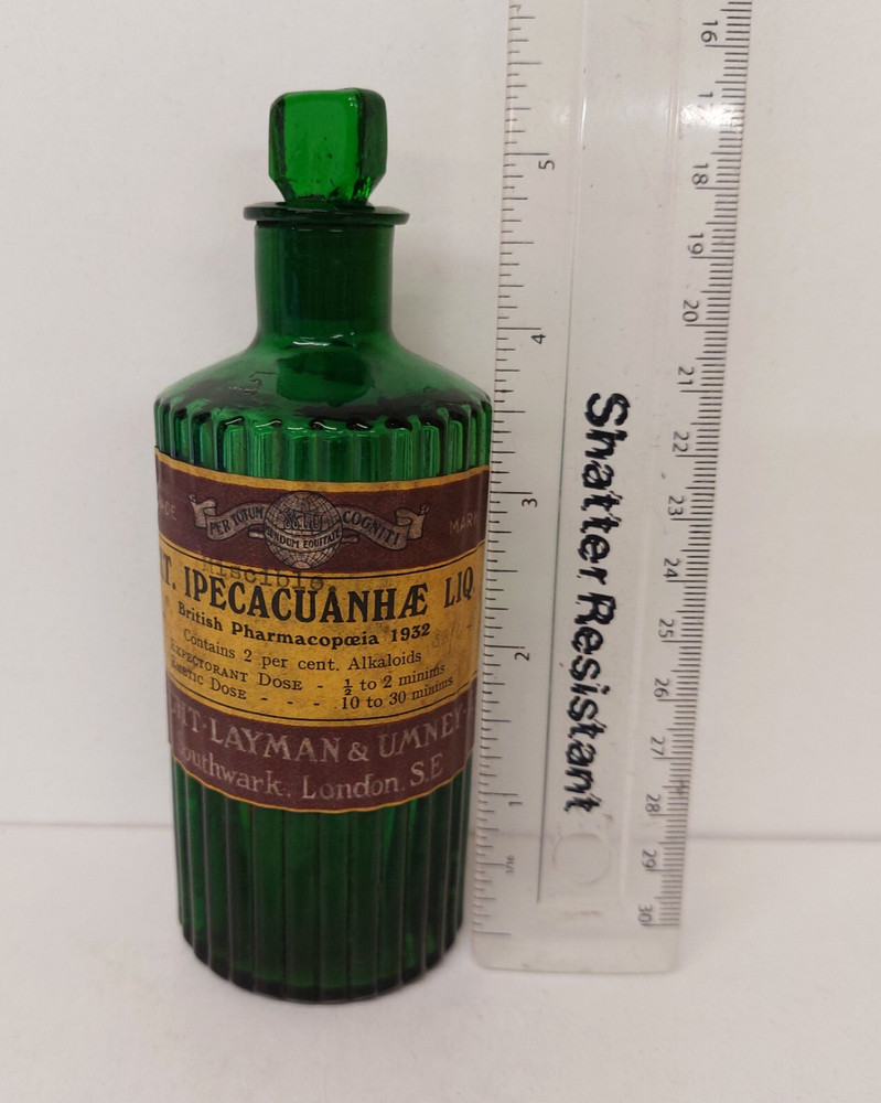 Labeled Wright Layman Umney Ltd London Emetic Ribbed Chemists Apothecary Bottle