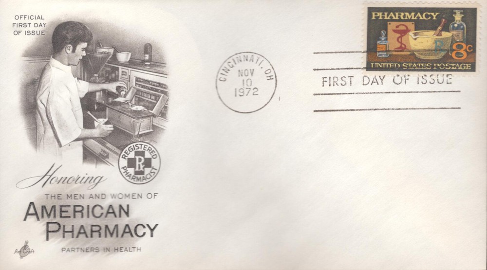 1972 First Day Cover – honoring Pharmacy – Art Craft (black)