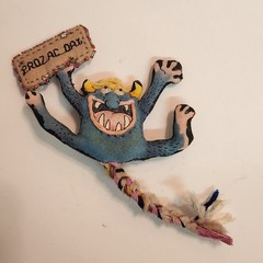 Vintage Hand Made “ Prozac Day “ Cloth Stuffed Goblin Monster Googley Eyes Pin